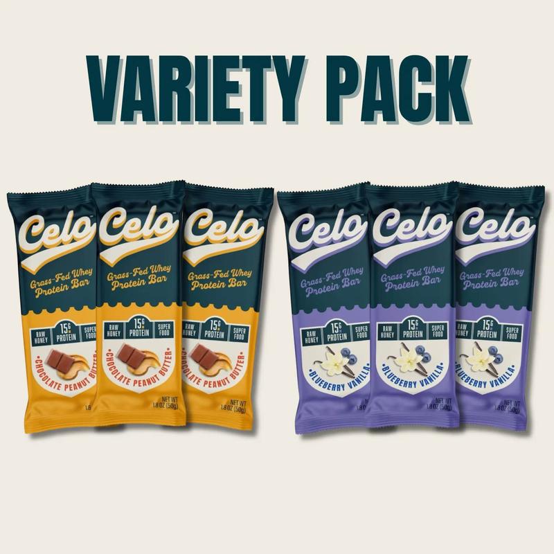 Celo Variety Pack - 3 Chocolate Peanut Butter Bars & 3 Blueberry Vanilla Bars - 6ct Total - Protein Bars