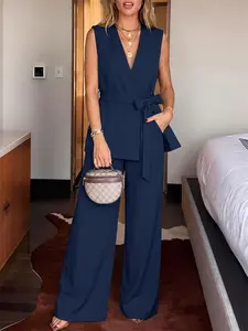 Women's Street Style Commuter Sleeveless Tie-Back V-Neck Cross Top Tank + Long Pants Two-Piece Set, Fashionable, Chic and Comfortable