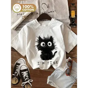 Women's Vintage Casual Short Sleeve Crew Neck T-Shirt, Black Cat with Big Eyes T-Shirt, Women's Retro Graphic Tee, Trendy Gift T-Shirt, Everyday Wear, Unisex Cotton Tshirt, Top Womenswear Streetwear