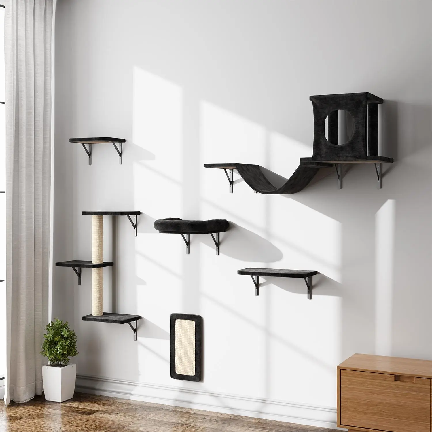 6-Piece Set Wall-Mounted Cat Climbing Frame with 22 lbs Capacity, Cat Jump Platform, Villa Accessories, Solid Wood Hammock, Space Capsule Cat Bed, Hallway Wall Mount