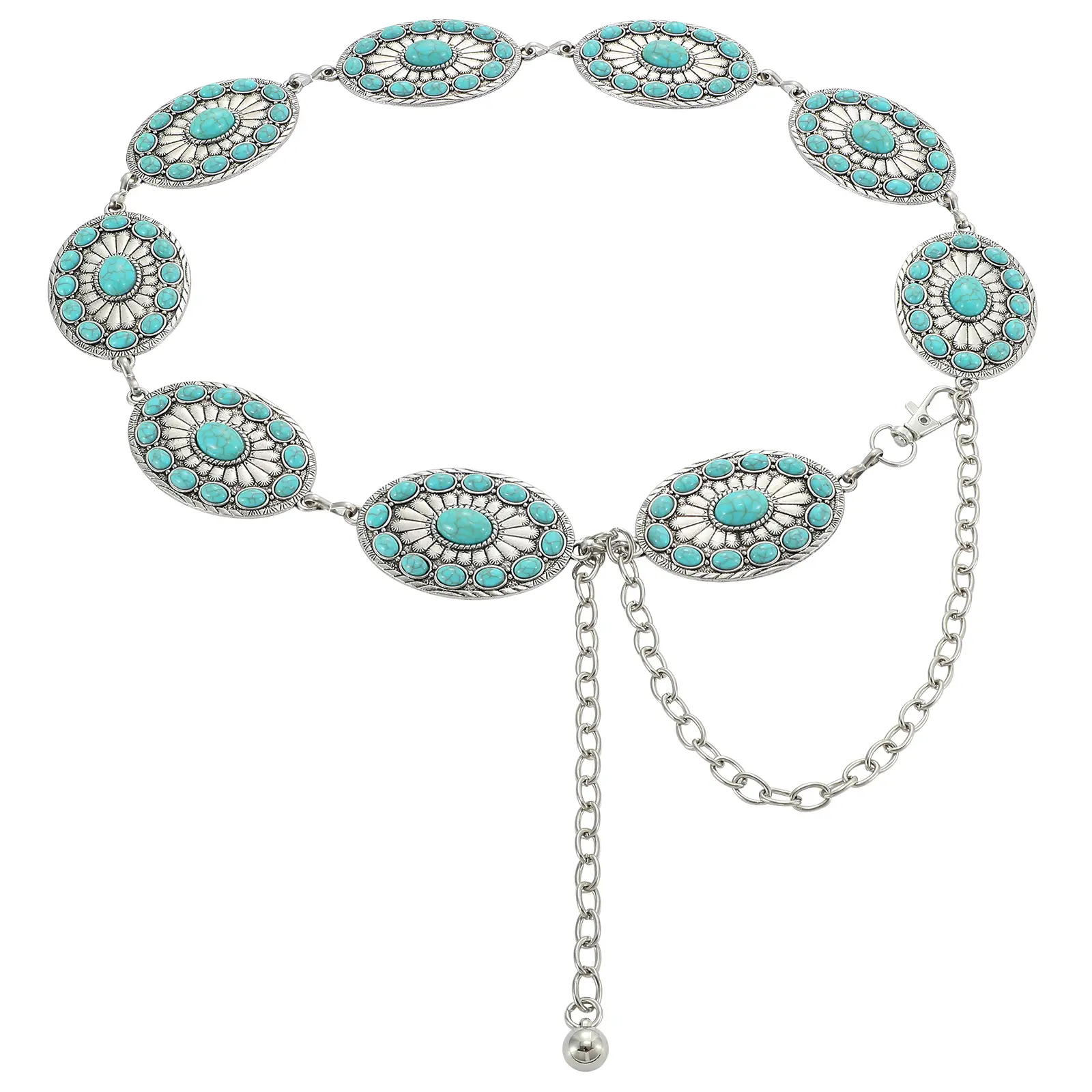 XZQTIVE Western Metal Concho Turquoise Belt for Women,Cowgirl Silver Waist Chain Belt for Dresses Jeans Country Concerts