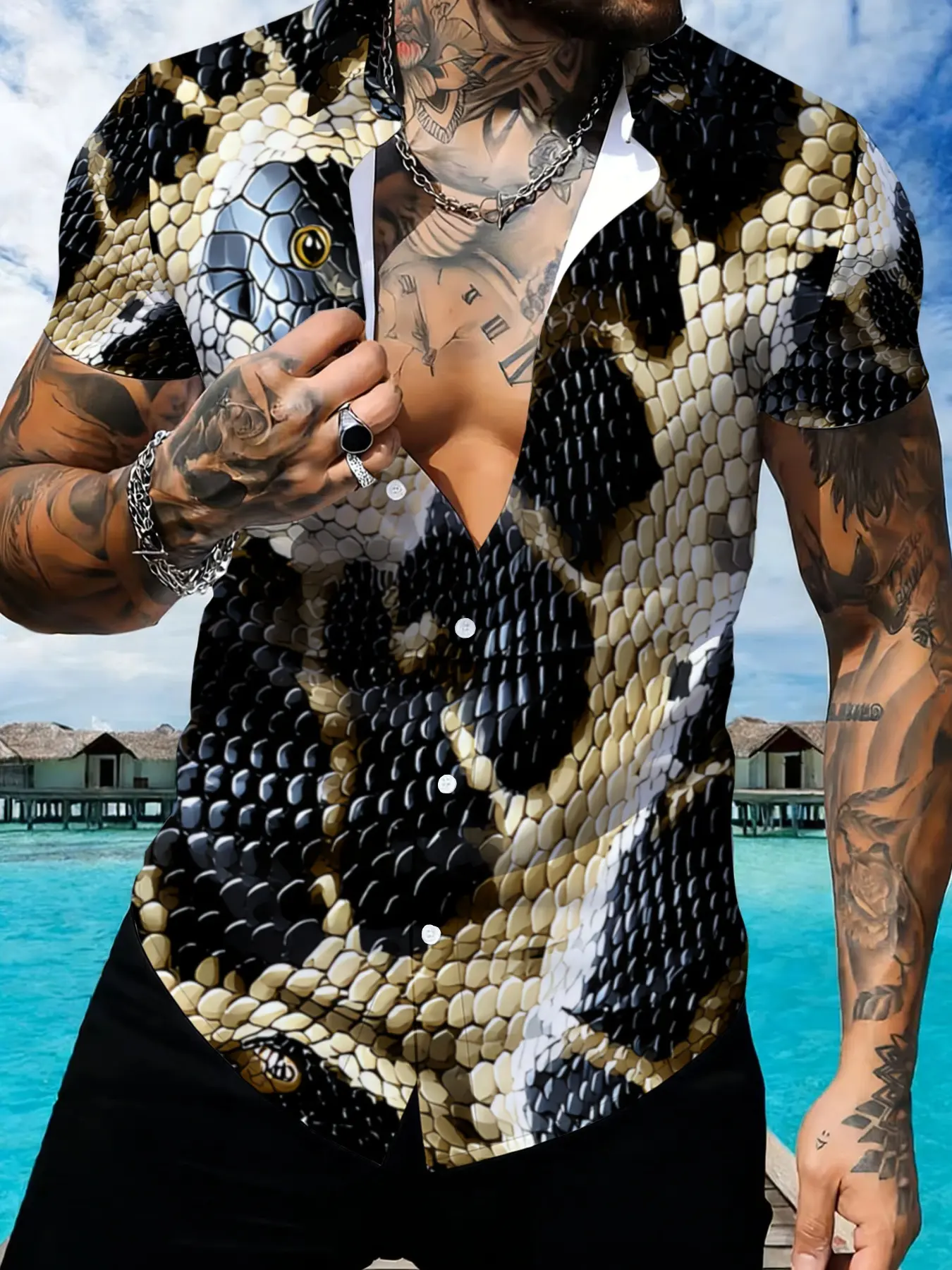 Snake Skin Printed Men's Short Sleeve Shirt, Summer Trendy Personality Printed Men's Shirt, Casual Fashion Top