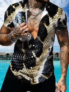 Snake Skin Printed Men's Short Sleeve Shirt, Summer Trendy Personality Printed Men's Shirt, Casual Fashion Top