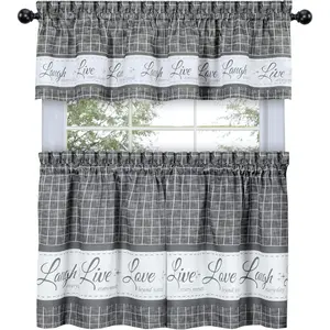 GoodGram Country Gingham Check Live~Laugh~Love 3 Pc. Café Plaid Kitchen Curtain Set - Assorted Colors & Sizes (Gray, 24 in. L)