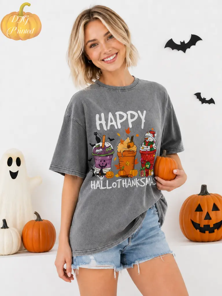 Women's DTG Printed Vintage Distressed Washed Cotton Oversized T-Shirt - Festive 3-Holiday Drink Cups Graphic, Hallothanksmas Themed, Ideal Gift for Autumn Casual Wear