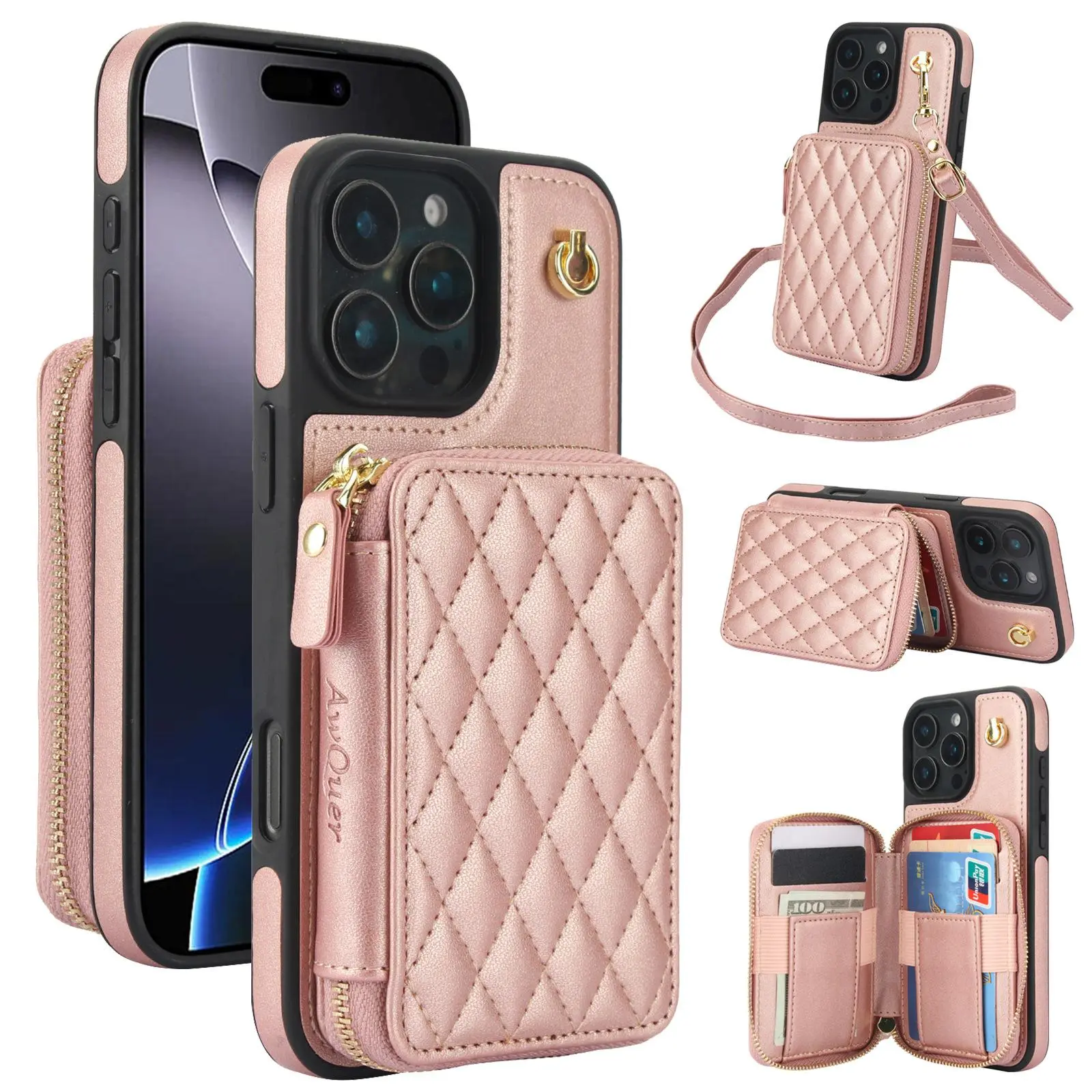 Women's Anti-Theft Cross-Body bus Card-Slot Phone Case for iPhone17 - Fragrance-Style Small Wrap-Zipper Protective Cover pu leather rfid