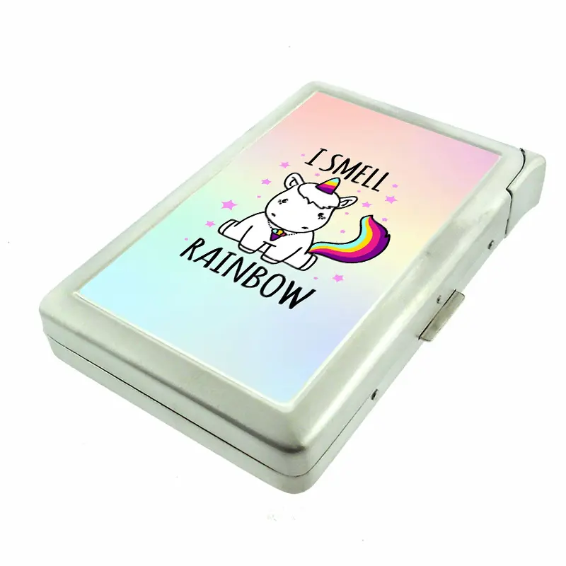 I Smell Rainbow Unicorn 100's Sized Metal Case with Built in Lighter Wallet