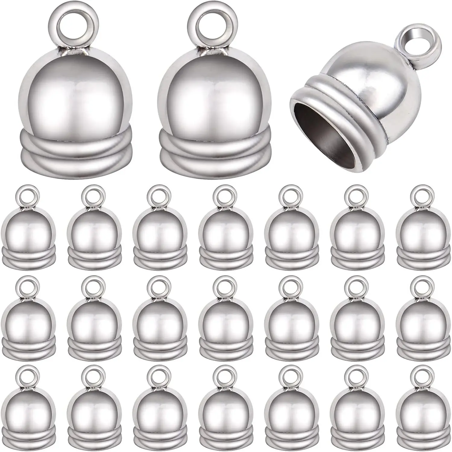 50pcs Silver Cord End Caps Glue-in Tassel Cap Clasps Connectors Leather Cord Findings Kit for DIY Bracelet Necklace Jewelry Making
