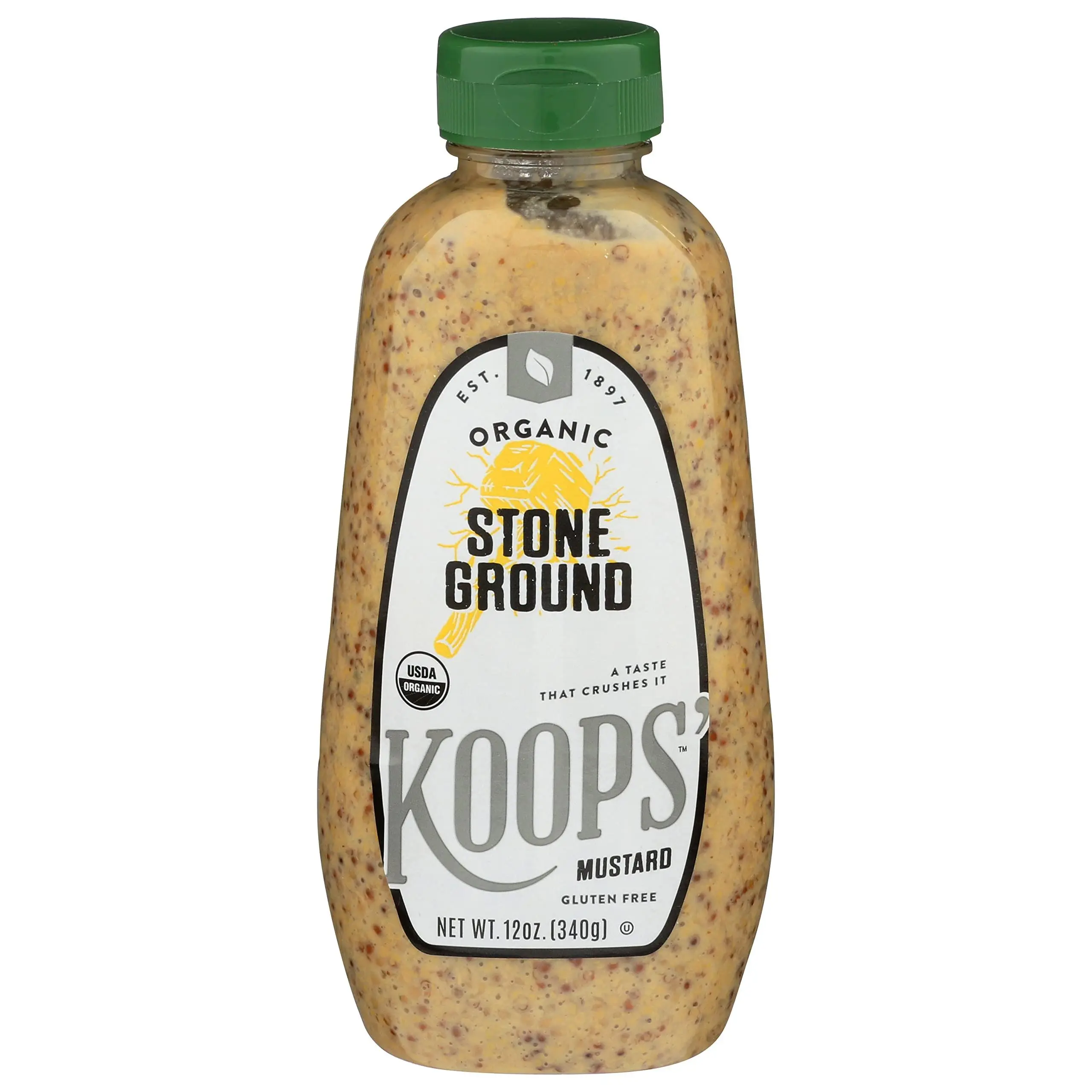 KOOPS' USDA Certified Organic Stone Ground Traditional Old-Fashioned Mustard Condiment, 12 oz, Made with Quality Mustard Seeds, Versatile, Gluten-Free, Kosher, Non-GMO, Made in USA, Authentic Flavor, Rich Traditional Taste, Bold Tang