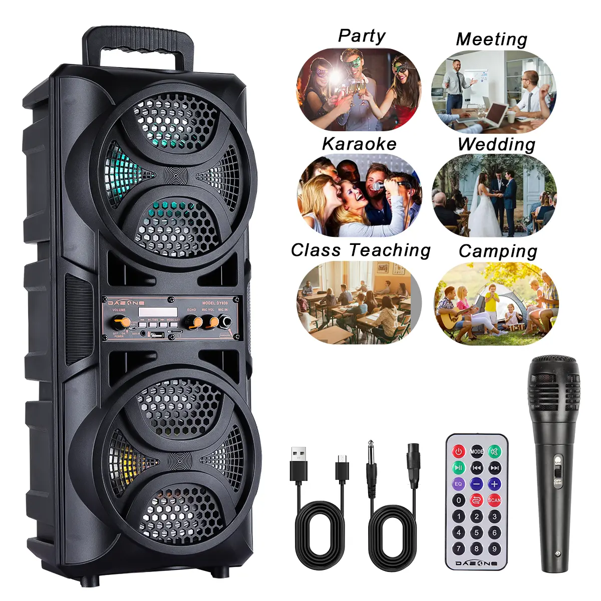 Dazone Dual 6.5" Subwoofer Bluetooth Karaoke Audio Speaker - Rechargeable, Stereo Sound, Microphone, Remote Control, FM, MP3 Player, LED Lights, TWS, USB, TF Card Inputs for Smartphone, Memory Storage, Party, Camping