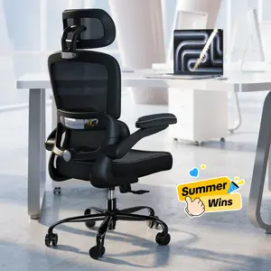 Ergonomic Office Chair - Breathable Mesh & Leather Seat - Space-Saving Flip-up Arms - High Back Support Desk Chair for Home & Gaming - Adjustable Lumbar Support & Headrest