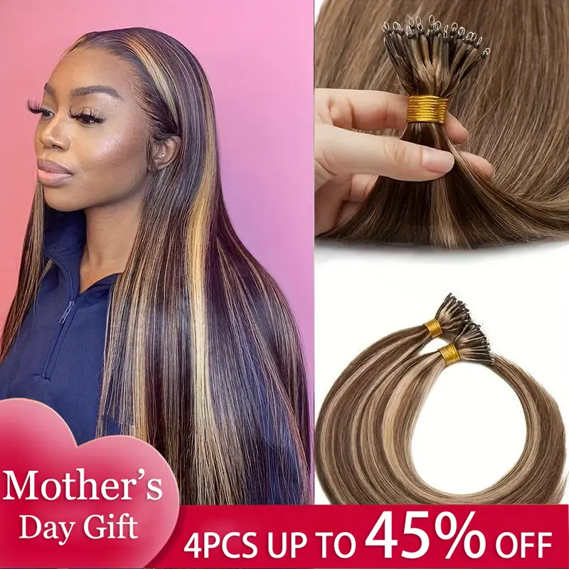 Lucile 22Inch Nano Rings Tip Hair Extensions Human Hair P4/27 Nano Hair Extensions P27/613 Nano Micro Ring Hair Extensionss 50G