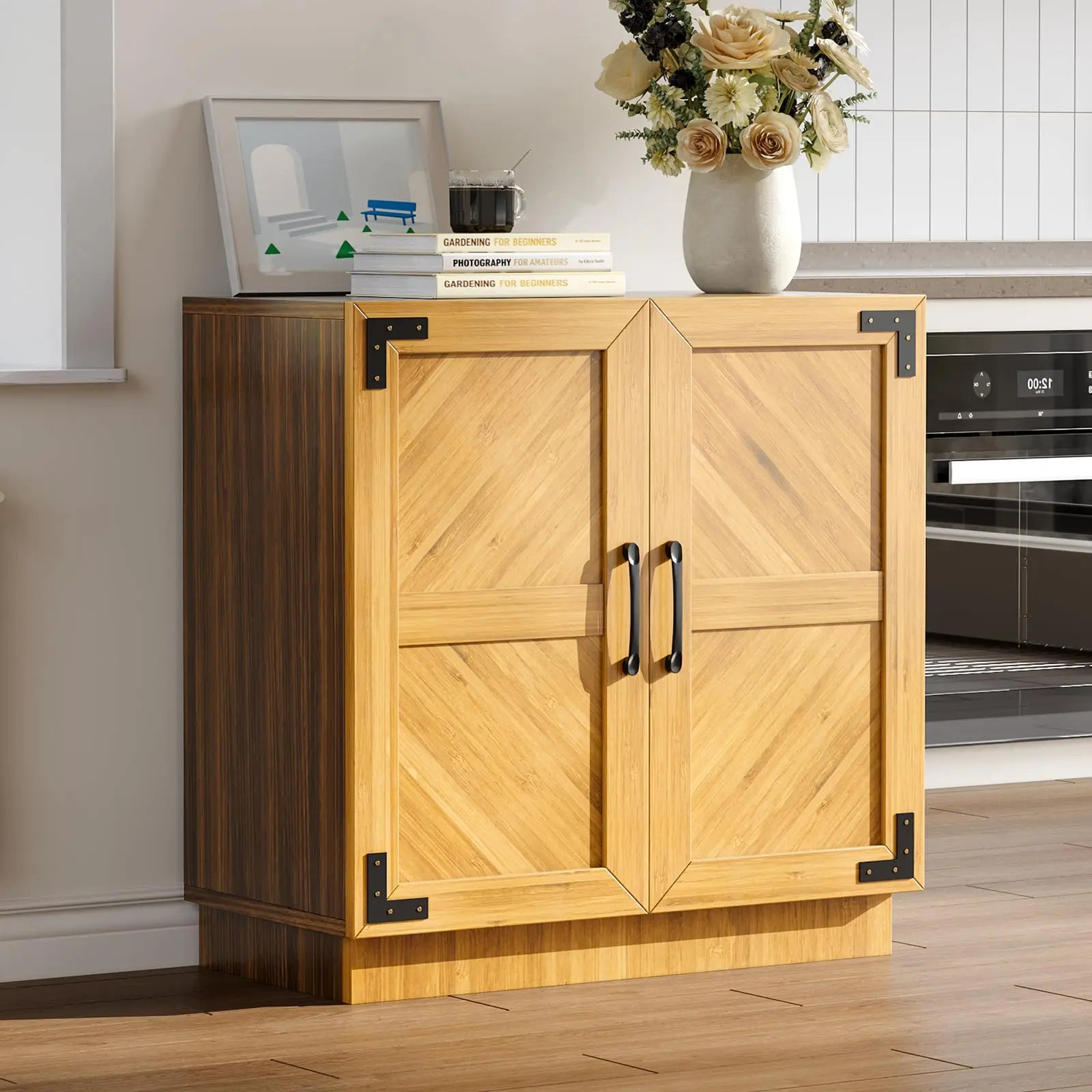 Garvee 31.5" Modern Farmhouse Sideboard Buffet Cabinet with Doors and Adjustable Shelves, Minimalist Storage Credenza for Kitchen, Living Room, Entryway, or Coffee Bar in Oak and Black Finish