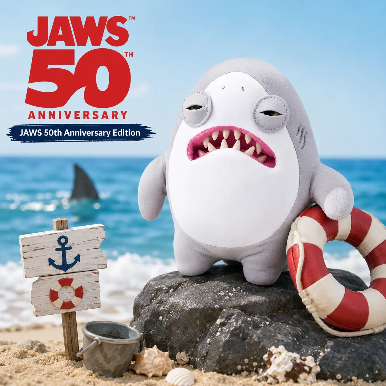 Strange Fuggler x JAWS 50th Anniversary Plush Toy - Great White Shark Stuffed Animal with Creepy Teeth, Funny Horror Movie Memorabilia & Cursed Gag Gift for Fans