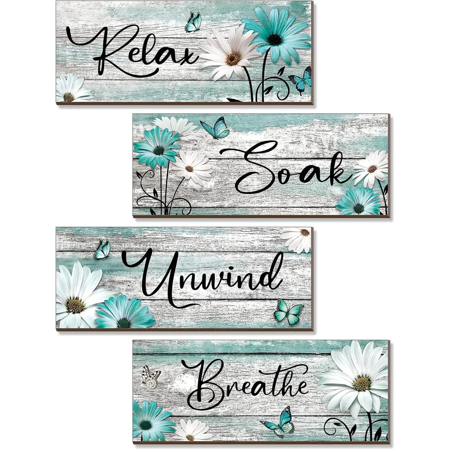 4 Pcs Rustic Wood Farmhouse Floral Bathroom Wall Decor Signs - Spring Daisy, Tulip, Butterfly Art Plaques, Relax Soak Unwind Breathe Messages, 10x4 Inches, Turquoise Hanging Home Decor, Bathroom Decor