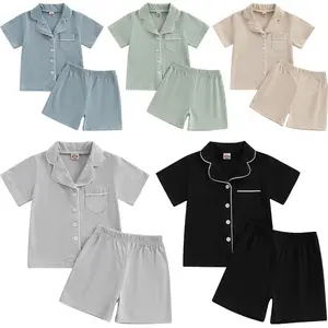 Kids Baby Girl Boy Cotton Pajamas Set Button Down Sleep Shirt Top+Shorts Sleepwear Loungewear Clothes