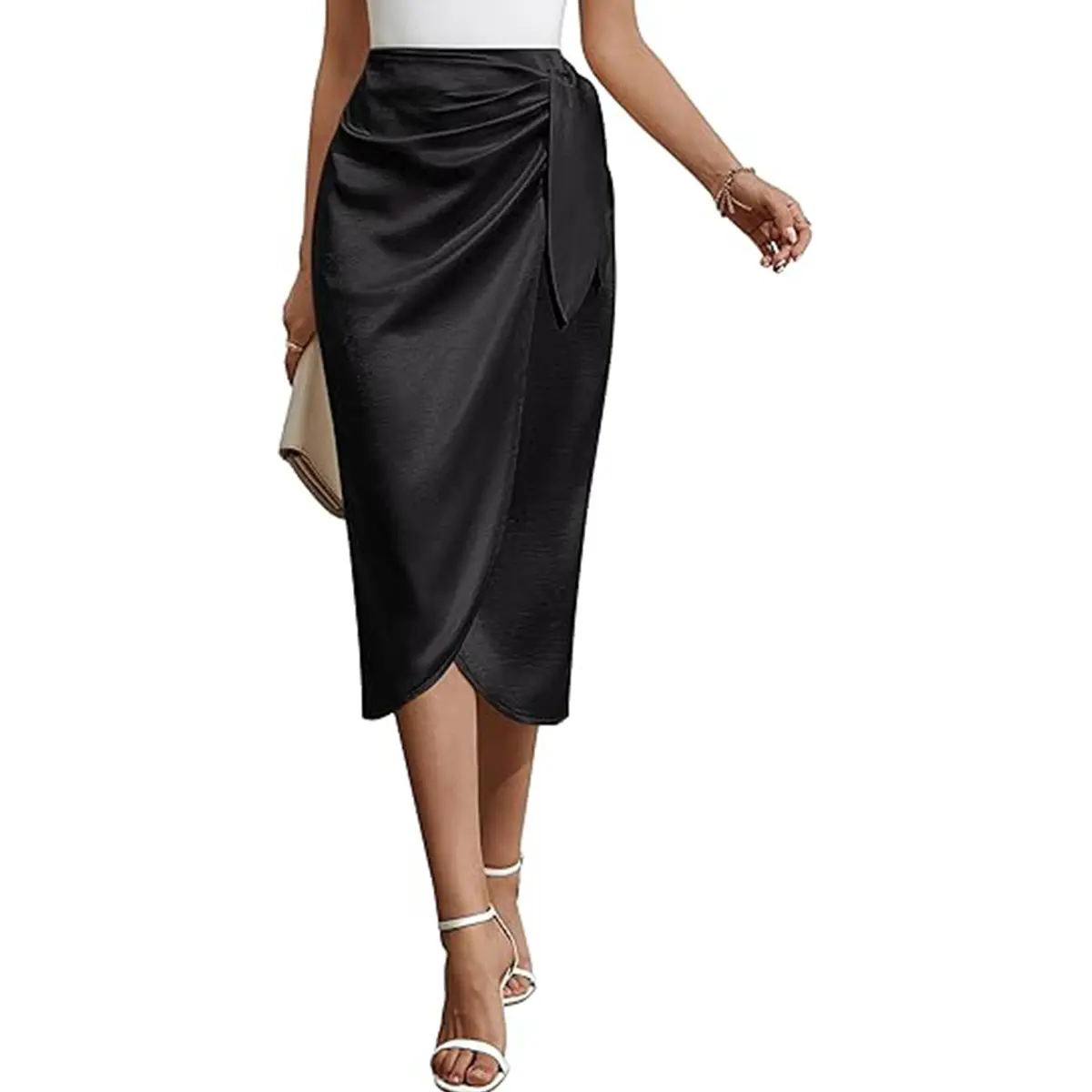Bsubseach Women's Classy Satin Wrap-Around Skirt - High-Waist Soft Polyester Midi with Ruched Tie Knot, Asymmetrical Slit, Matching Blouse/Coat Friendly Premium Fabric