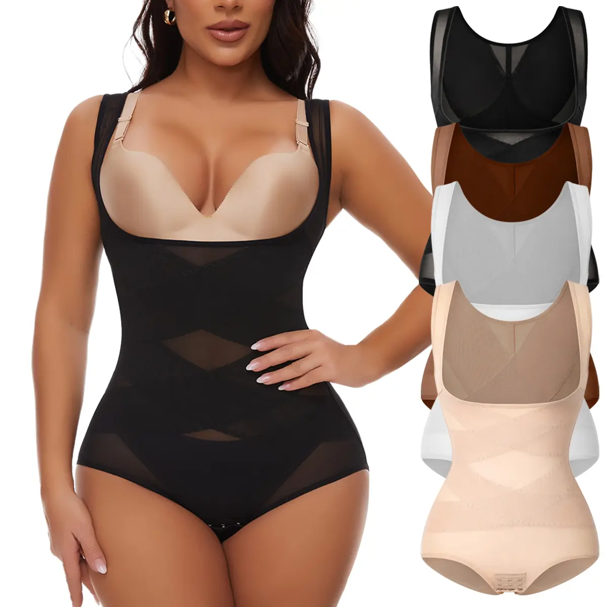 Women's Tummy Control Bodysuit Shapewear, Breathable Solid Nylon Open Bust Faja with High Waist and Criss-Cross Detail, Shapewear Clothes
