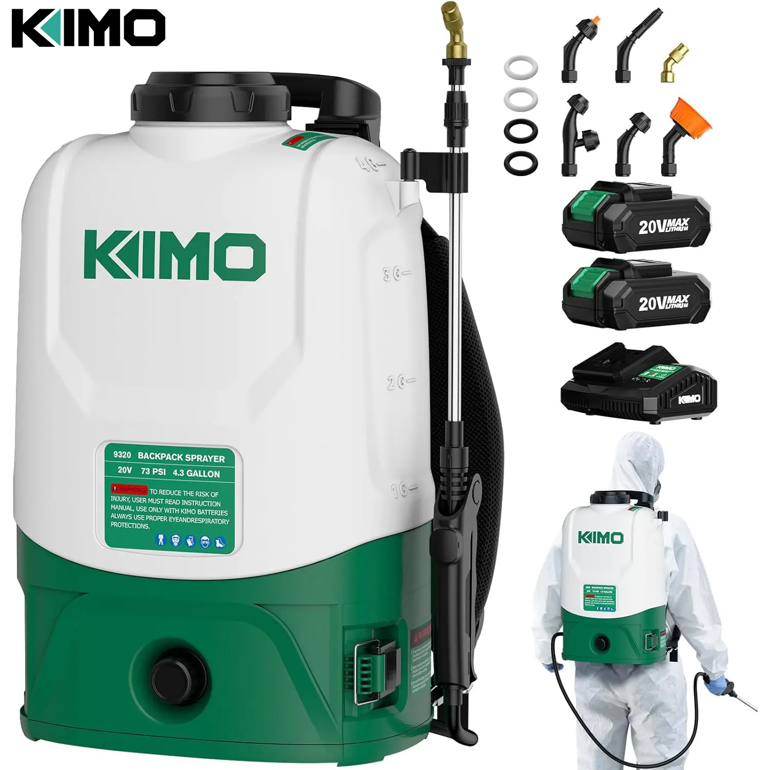 KIMO Battery-Powered Backpack Sprayer Kit, 4.3-Gallon No-Pump Design, 73 PSI Adjustable Pressure, 6 Nozzles, 31-Inch Telescopic Wand, Padded Shoulder Straps, 2x2.0Ah Batteries for Weed & Plant Spraying
