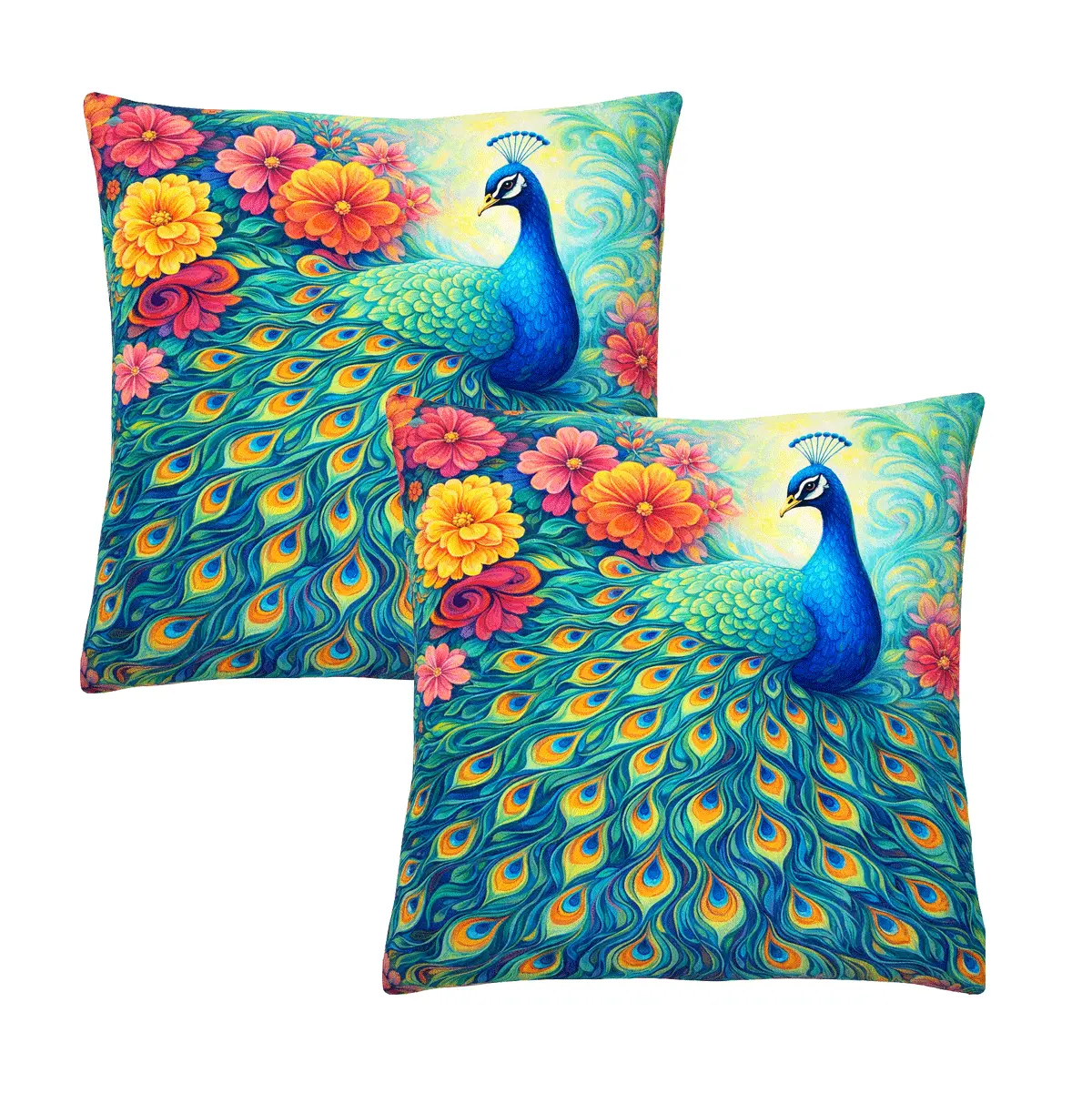 Set of 2 - Throw Pillows (with Inserts) Colorful Peacock Flowers 18"x18" DZ324