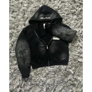 Hell in Paradise Street Retro Gothic Style Zip Up Hoodie Embroidery Patchwork Hoodies Loose Sweatshirt Men Clothing