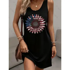 Women's American Flag Sunflower Print Sleeveless Maxi Dress - Soft Casual Dress with Pocket, Round Neck, Straight Hem, Machine Washable Loose Fit Dress for Spring Summer Fall, Sunflower & Flag Pattern Outfits