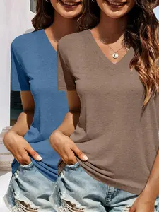 Colorful Cotton V-Neck Short Sleeve T-Shirt 2-Piece Set, Casual Fitted Solid Pattern, All Seasons Wear, Without Button or Zipper