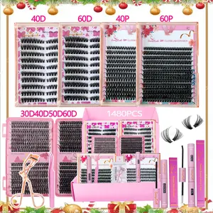 Big volume Cluster Eyelash Kit with Bond Seal Remover Applicator Curler, D Curl Eyelashes 30P40P50P60P cat eye and regular individual cluster lash extension,perfect for home lash diy eyelash extension