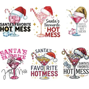6-Piece Christmas Santa Cocktail Cup Design Iron-On Transfer Vinyl Set, High-Quality DIY Decoration Stickers for Festive Decorations, Decal Sticker