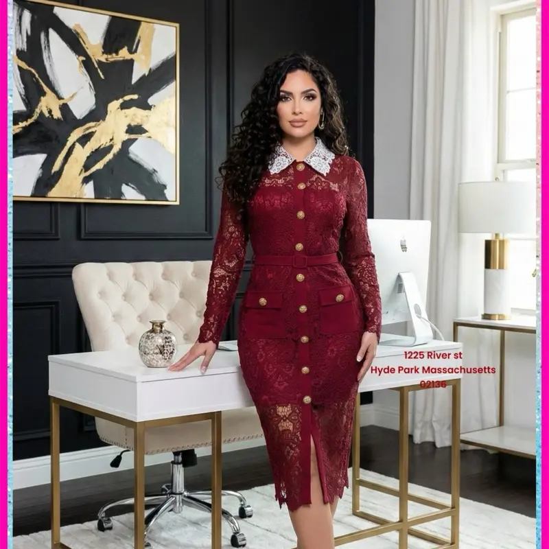 MQF6765011 Burgundy Lace Dress with Gold Buttons and Long Sleeves for Women's Fashion