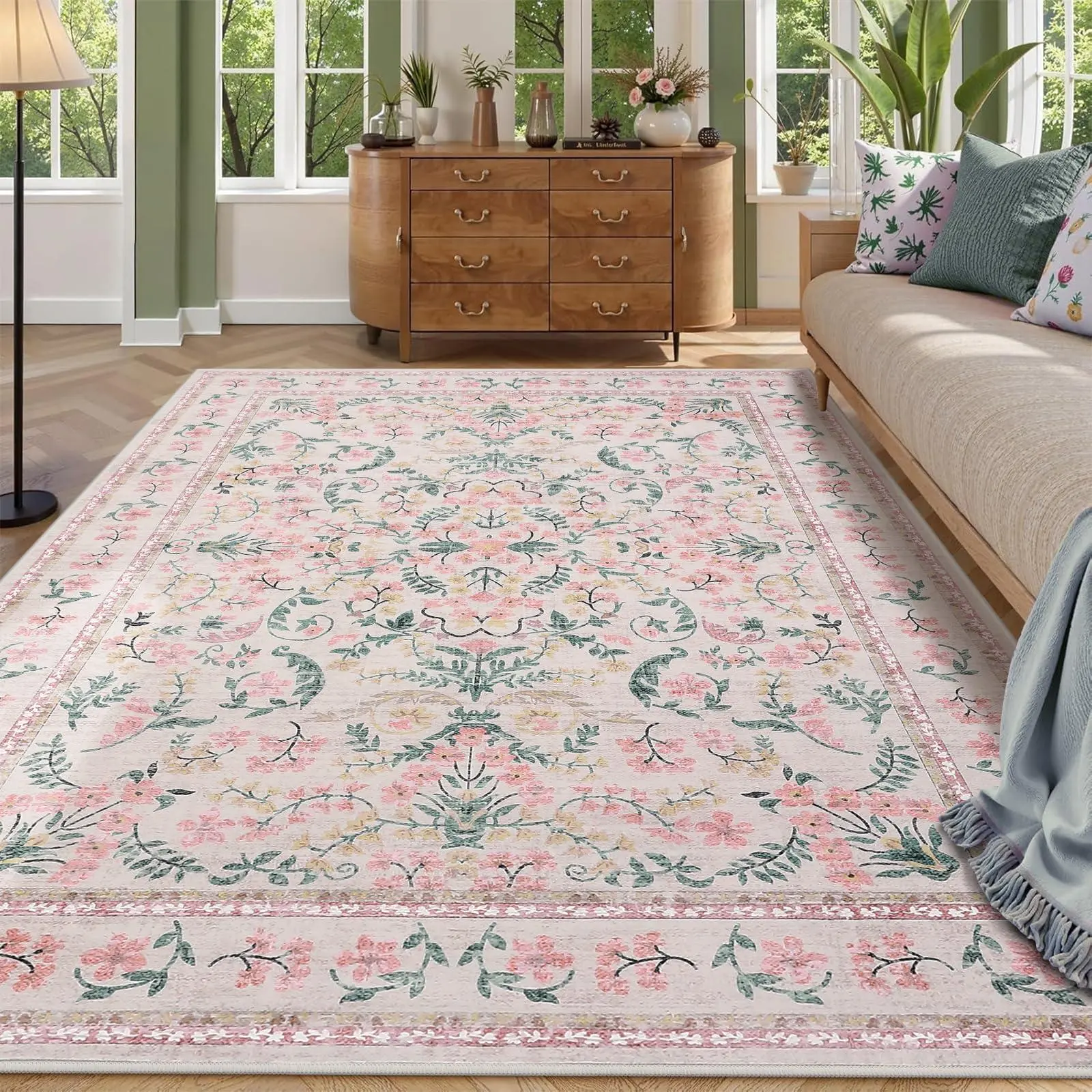 Pink Area Rug 5x7 for Living Room, Washable Non Slip Low Pile Rugs, Floral Soft Carpet for Living Room, Bedroom, Dining Room Home Decor Rugs Indoor Area Rugs