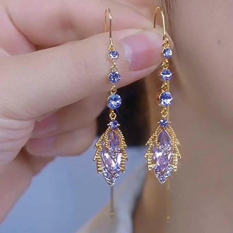 Ultra-Sparkling Elegant Long Amethyst Leaf Tassel Threader Earrings Light Niche Premium-Look Ear Jewelry HNAL48