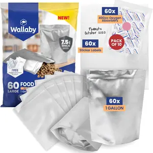 Wallaby 1-Gallon Gusseted Mylar Bags with 400cc Oxygen Absorbers (60 Count) 15 Mil Total Thickness - Long-Term Food Storage Pouches - Silver Wallaby 1-Gallon Gusseted Mylar Bags with 400cc Oxygen Absorbers (60 Count) 15 Mil Total Thickness - Long-Term Food Storage Pouches - Silver