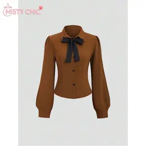 MISTY CHIC Preppy Academia Style Bow Tie Blouse With Collared Neckline And Balloon Puff Sleeves, Fitted Waist And Cropped Silhouette Perfect For Office Days And Viral OOTDs That Stand Out
