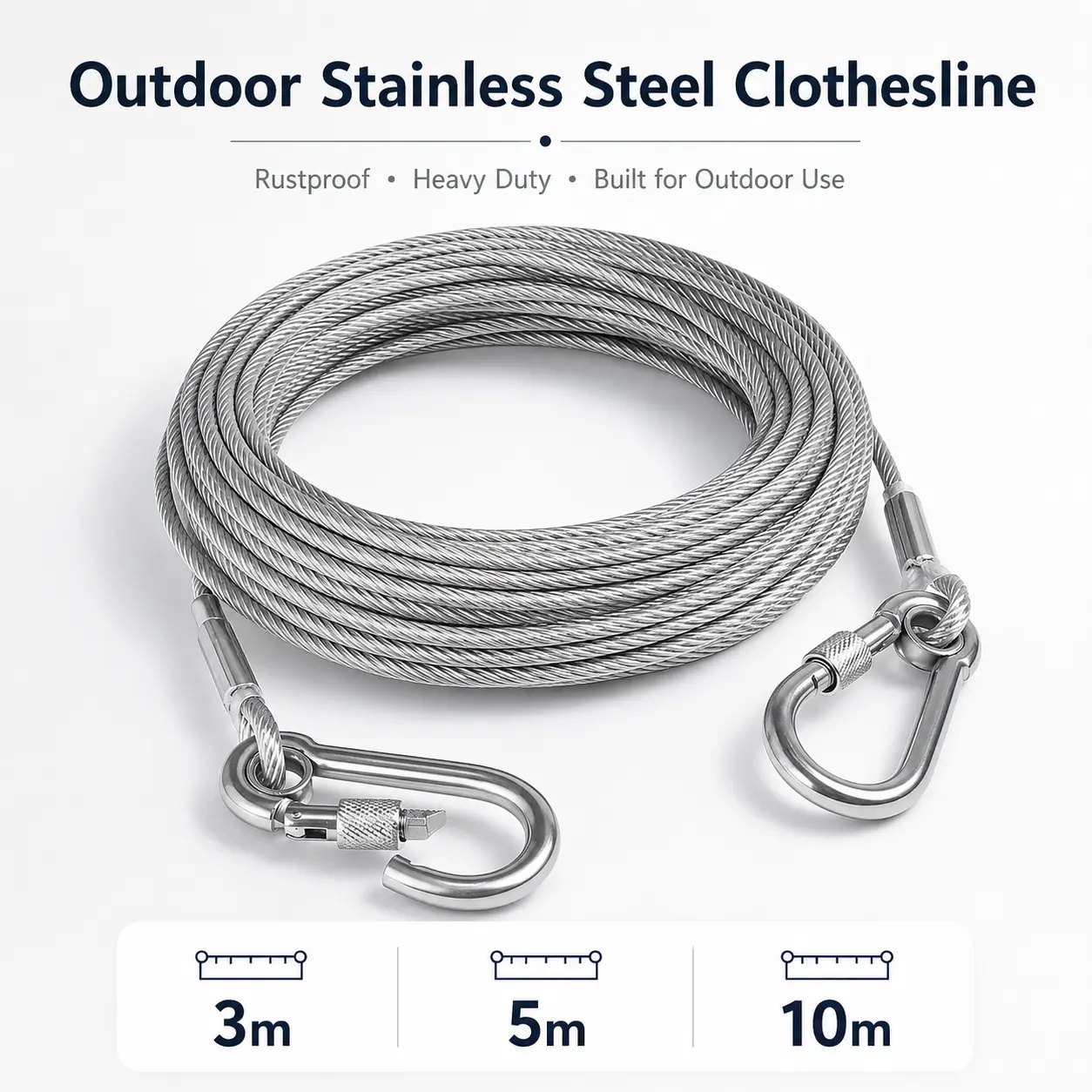 Stainless Steel Clothesline, Adjustable Coated Safety Wire Rope with Hooks, Adjustable Ropes, Heavy-Duty, Available in 3m/5m/10m, Multi-Surface Hanging, Non-Slip - MM2