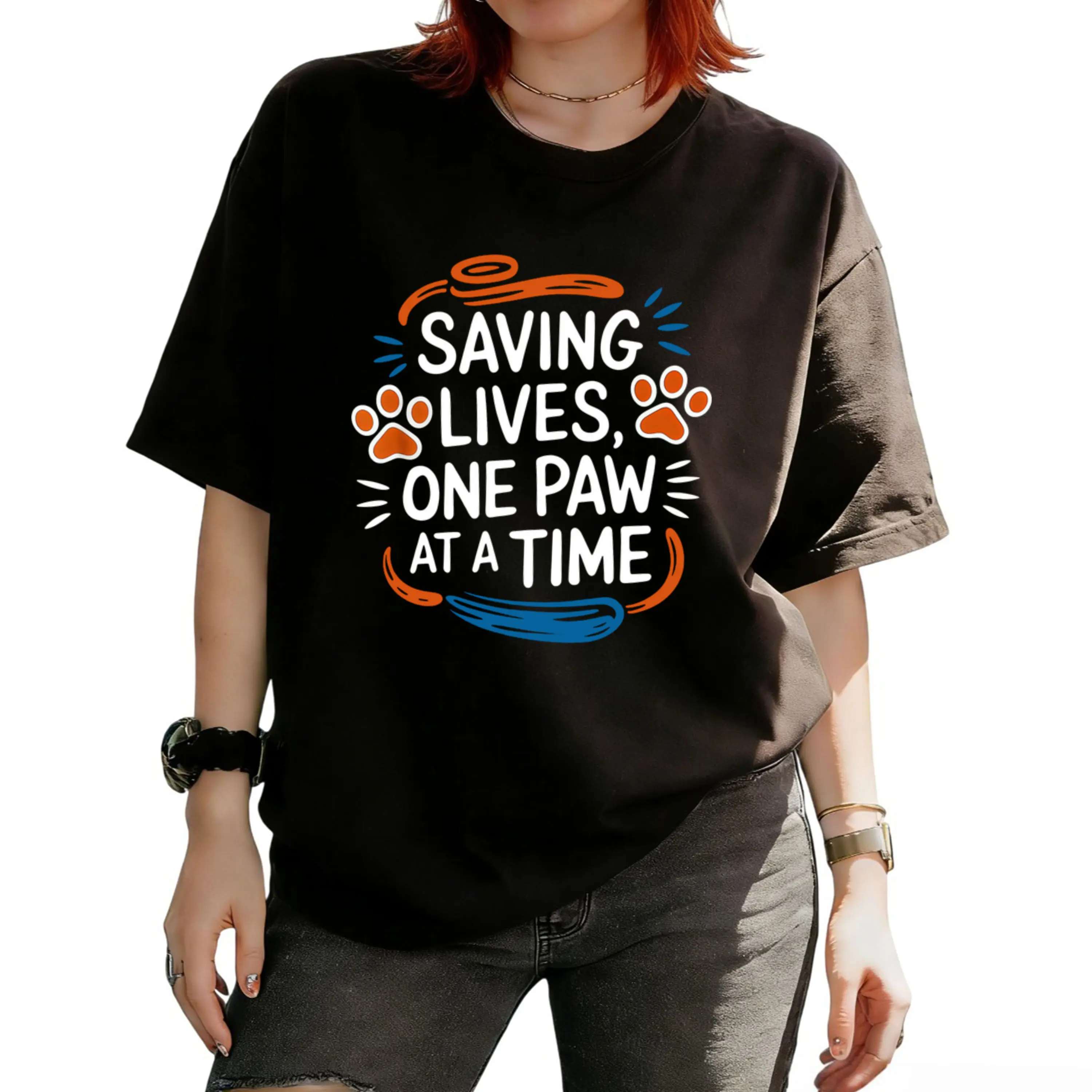 Women'S Pet Rescue Graphic T-Shirt - "Saving Lives, One Paw at a Time" Design, Black Short Sleeve Crew Neck Casual Top for Spring & Summer, Animal Shelter Support Tee