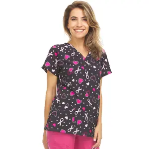 Medichic Naomi Hearts and Ribbons Printed V-Neck Scrub Top