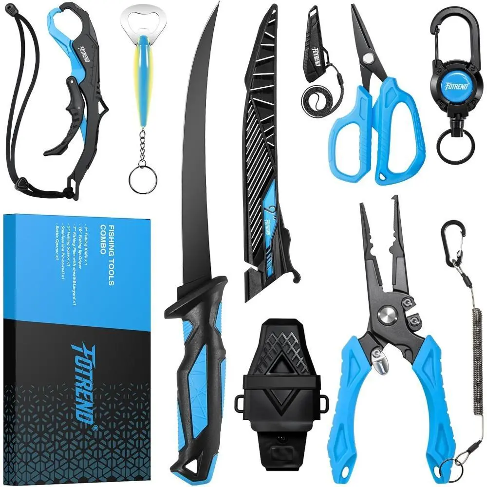 7Pcs Fishing Tool Kit, Fishing Gear-Fishing Plier with Sheath, Fillet Knife, Fishing Scissors, Fish Lip Gripper, Tool Retractor, Keychain Bottle Opener, Fishing Gifts for Men