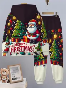 Christmas Happy Hat Set New Year Christmas Children Boys Trendy Hoodie 2 Piece Set Autumn Winter Santa Claus 3D Print K-Pop Sweatshirt + Pants