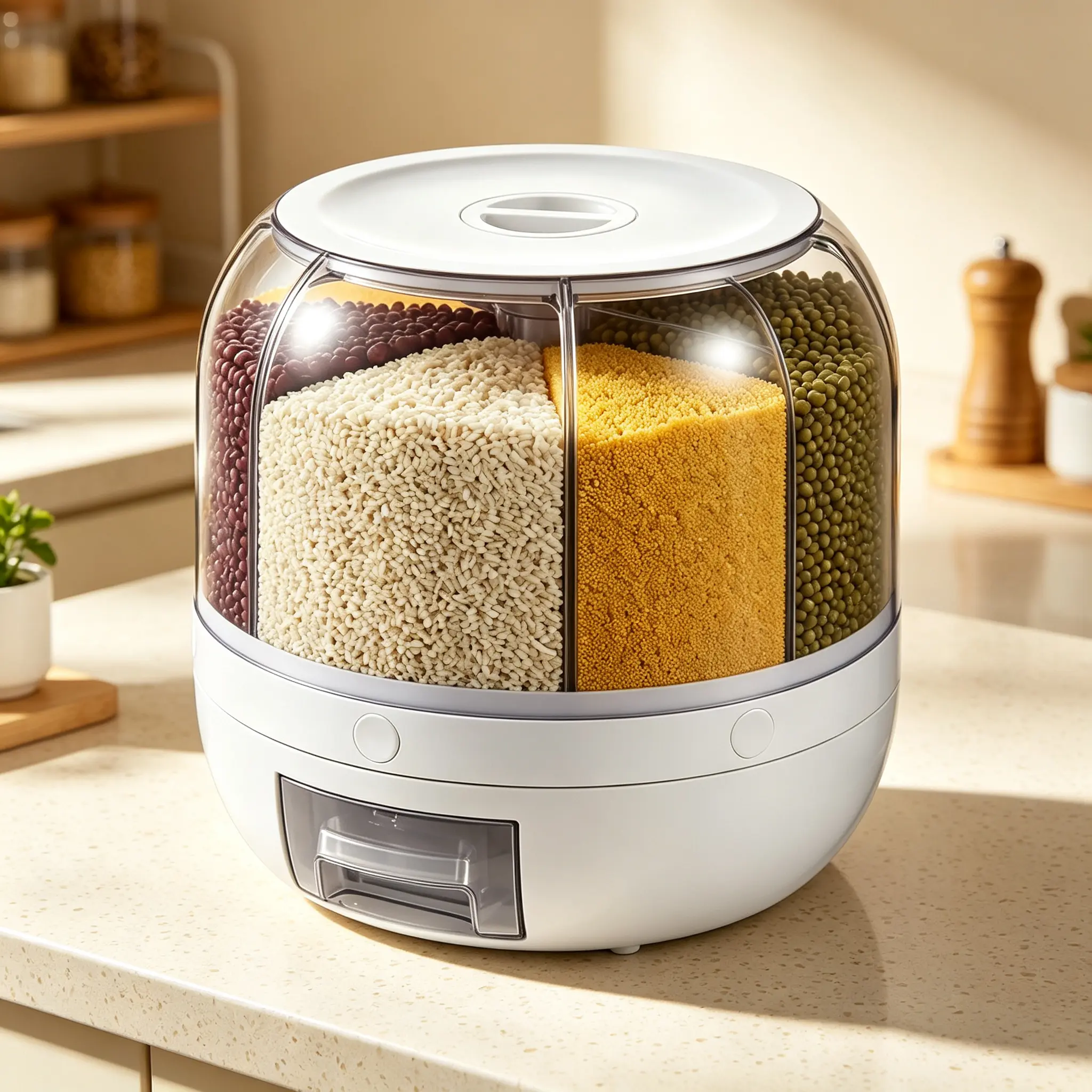 360° rotatable 6-position grains dispenser, large-capacity grain storage box, sealed moisture-proof design, Plastic material is sturdy and durable.,kitchen storage box, suitable for rice, soybeans, grains