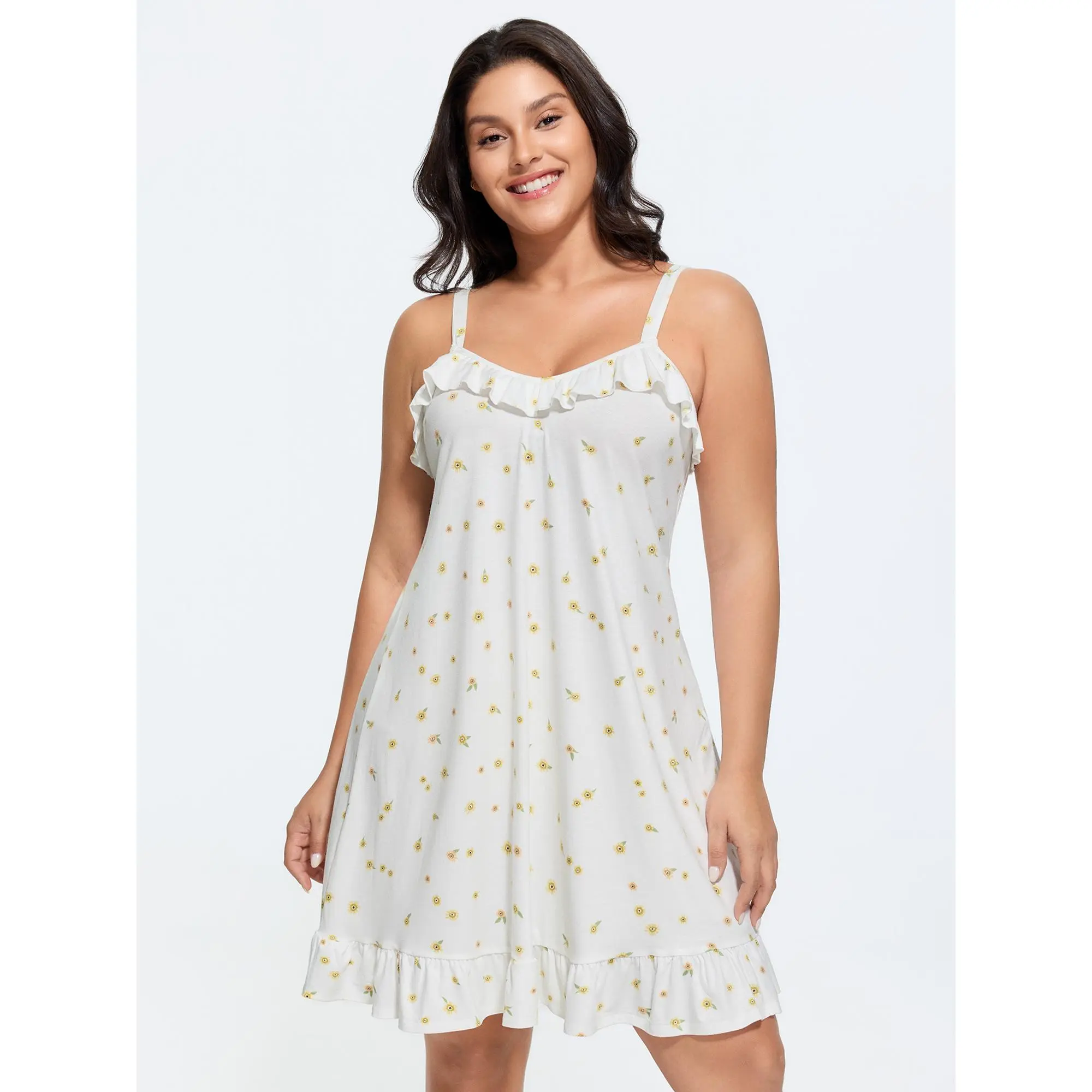 BloomChic Plus Size Ditsy Floral Nightgown, Supersoft Sleeveless Summer Sleep Dress with Ruffled Neck and Side Pocket for Everyday Wear, Nightwear