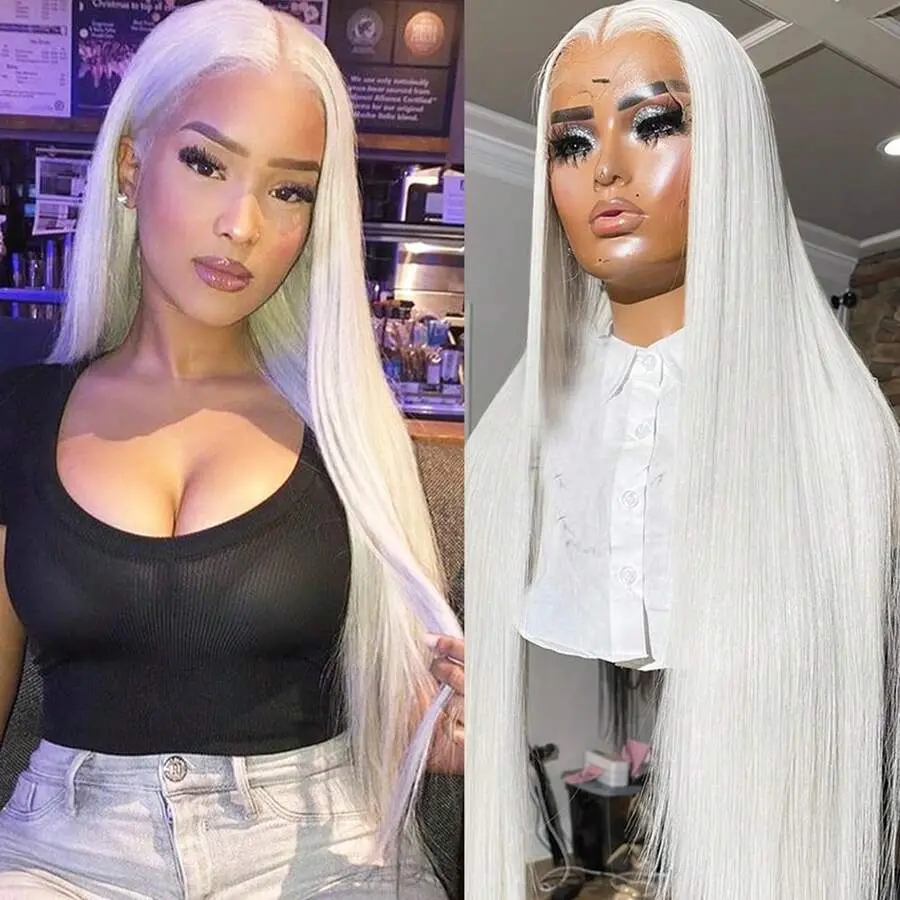 32 Inch Platinum White Lace Front Wigs Pre Plucked Long Straight Hair Wigs 13x4x1 T-Part Lace Wig Glueless White Colored Wigs Heat Resistant Hairline Wig