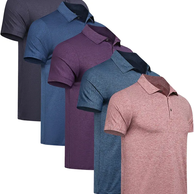 Men's 5-Pack Polo Shirts - Quick Dry Short Sleeve Athletic Dry Fit Breathable Gym Clothes, Casual Sporty Fitted Anti-Odour Buttoned Tops for Golf, Workout