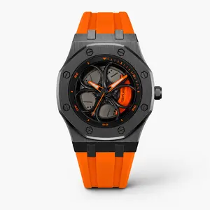 Men’s Sport Quartz Watch with Orange Silicone Strap, 30M Water Resistant Analog Wristwatch, Zinc Alloy Case, Folding Clasp, Screw Down Crown Casual Fashion Watch