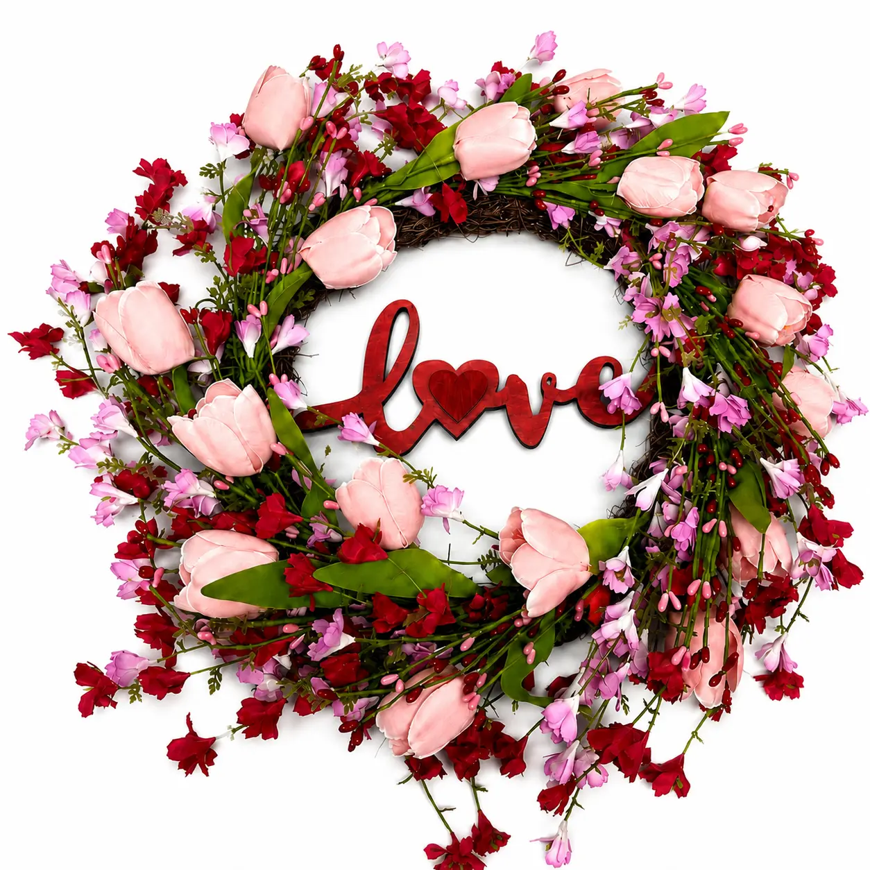 Heart Shaped Floral Wreath with Pink Tulips and Red Flowers, Artificial Flower Front Door Decor with Love Sign, Rustic Spring Home Wall Hanging Decoration