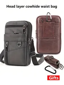 Leather Phone Bag Waist Pack, Multi-Zip Design, Convenient Carry, Outdoor Casual Daily Use, Quick Draw Belt Case, Durable Safe Design, Zipper Belt Bag