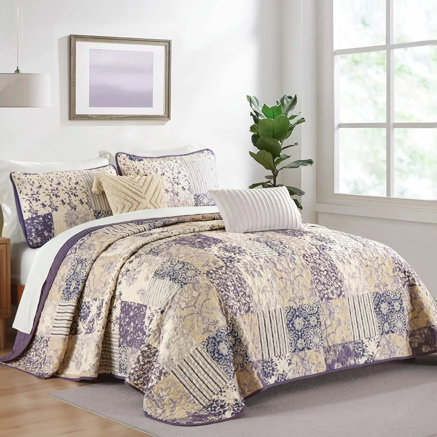 Patchwork Quilt Set  Size, Purple Plaid Patchwork Reversible Bedspread Coverlet Set 3 count for All Season, Soft Microfiber Bedding Set  90"x96"
