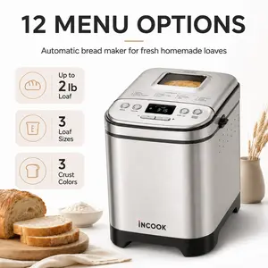 INCOOK Bread Maker Machine, Stainless Steel Automatic Bread Machine with 12 Menu Options, 3 Loaf Sizes up to 2 Lb., 3 Crust Colors, Removable Nonstick Baking Pan & Kneading Paddle, CBK-110NAS