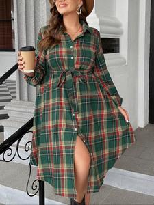 【plus size】 plaid print button front belted shirt dress, casual long sleeve collared dress for spring & fall, women's clothes for daily wear