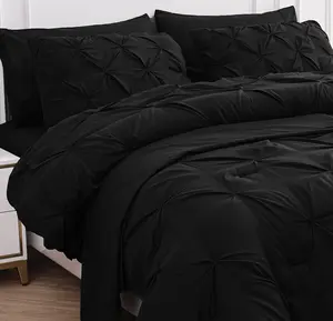LANE LINEN Twin Comforter Set, 5 Piece Black Bedding, Ultra Soft Pinch Pleated, Down Alternative Comforter, Sheets, Pillowcase & Sham, Summer Season